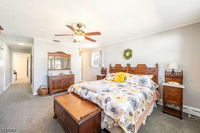 carpeted bedroom with visible vents, crown molding, baseboards, and ceiling fan