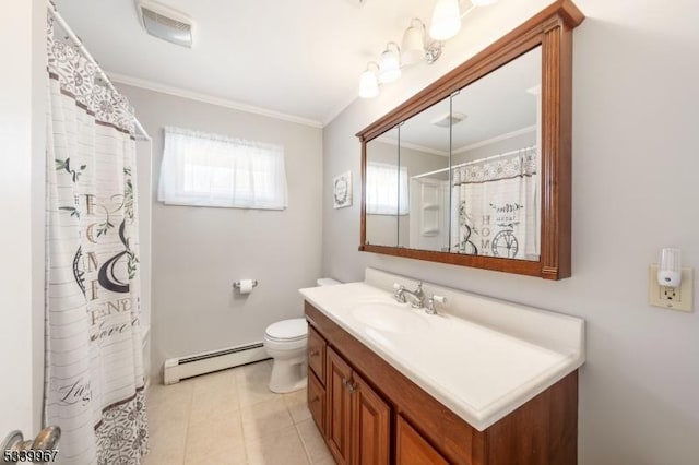 full bathroom featuring ornamental molding, a baseboard radiator, vanity, and visible vents