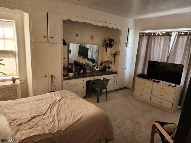 bedroom with light carpet and radiator heating unit