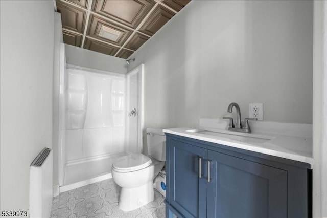 full bath with a shower, toilet, radiator, an ornate ceiling, and vanity