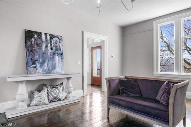 living area with wood-type flooring and baseboards