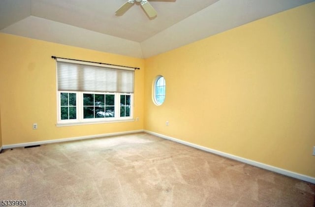 spare room with lofted ceiling, carpet, baseboards, and a raised ceiling