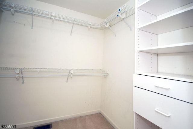 spacious closet featuring light carpet and visible vents