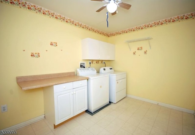 washroom featuring a ceiling fan, cabinet space, independent washer and dryer, and baseboards