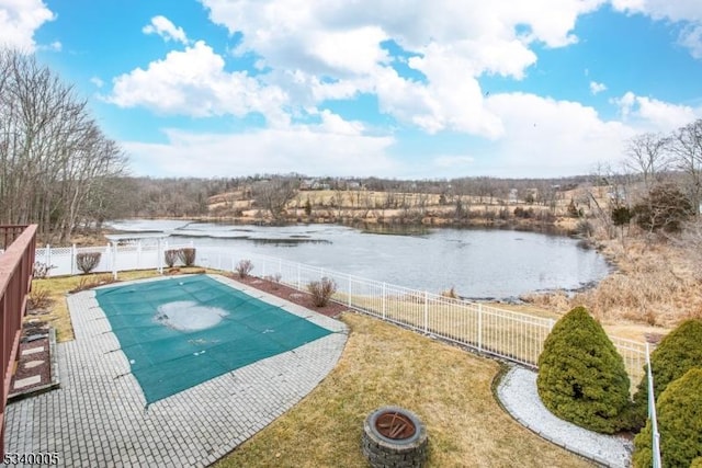 view of pool featuring a fenced in pool, a yard, a fenced backyard, and a water view