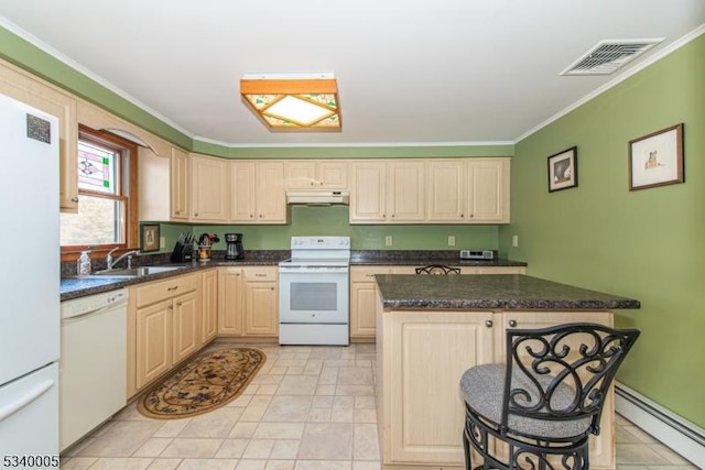 kitchen featuring visible vents, under cabinet range hood, a baseboard radiator, white appliances, and a sink