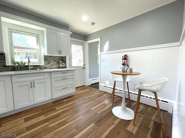 kitchen featuring a wainscoted wall, a baseboard radiator, white cabinets, a sink, and wood finished floors