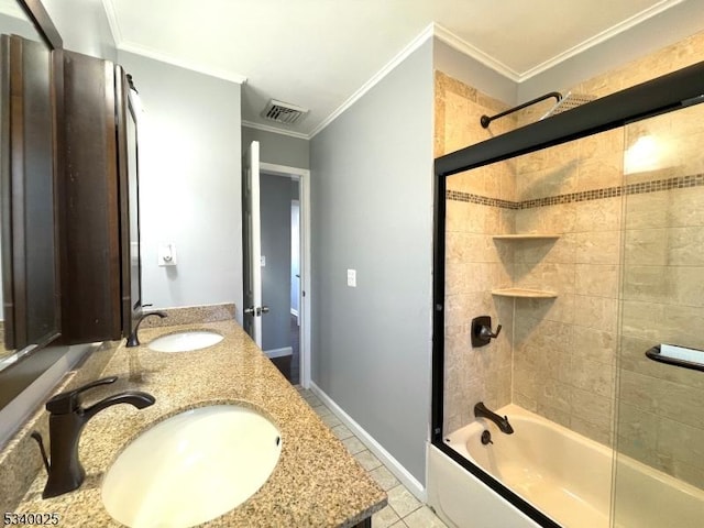 full bathroom featuring shower / bath combination, crown molding, visible vents, and a sink