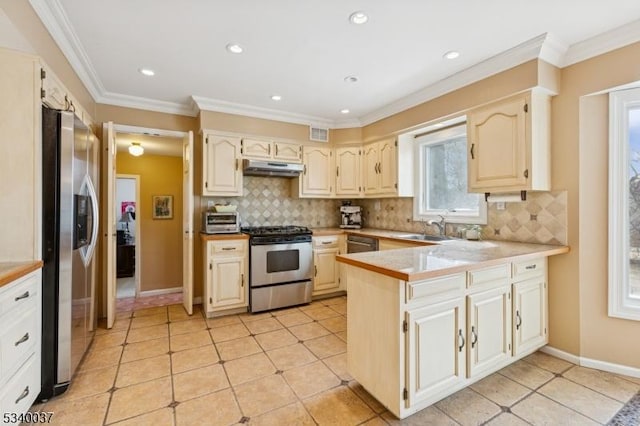 kitchen with a peninsula, a sink, under cabinet range hood, appliances with stainless steel finishes, and crown molding