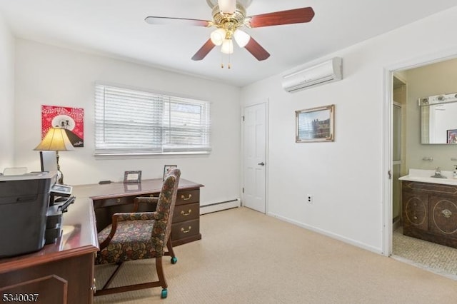 home office with baseboards, a wall mounted air conditioner, light carpet, baseboard heating, and a ceiling fan