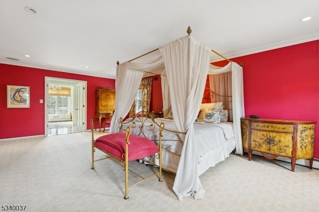 bedroom with recessed lighting, ensuite bathroom, ornamental molding, and carpet flooring