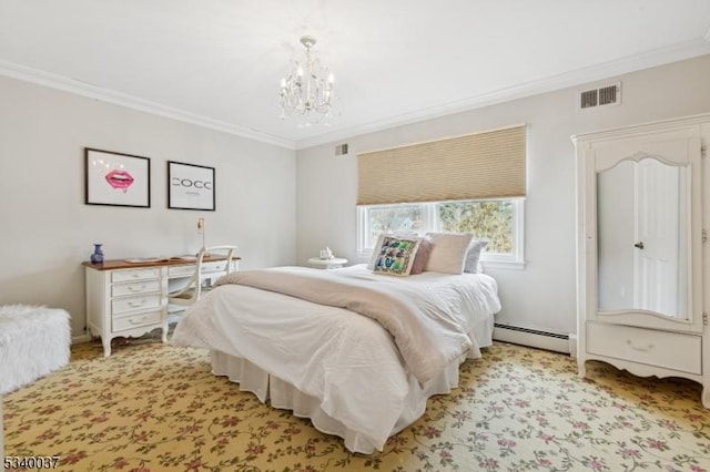 bedroom featuring visible vents, an inviting chandelier, crown molding, light colored carpet, and baseboard heating