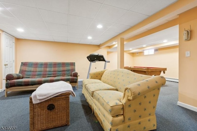 living room featuring baseboards, carpet flooring, recessed lighting, a paneled ceiling, and a baseboard radiator