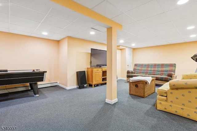 recreation room with baseboards, dark carpet, baseboard heating, recessed lighting, and a paneled ceiling