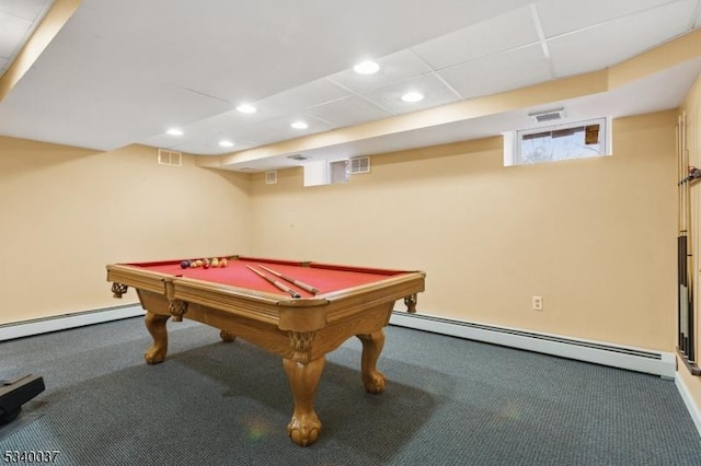 playroom featuring recessed lighting, visible vents, and a baseboard radiator