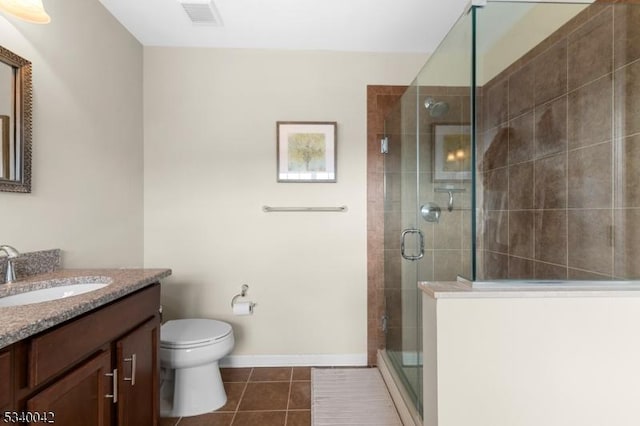 full bath with vanity, a stall shower, tile patterned flooring, and visible vents