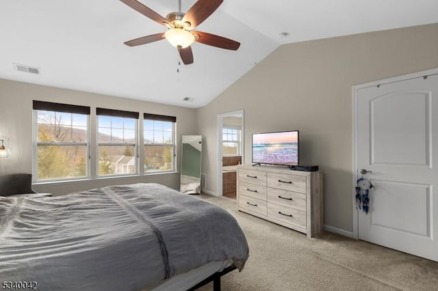 bedroom featuring baseboards, visible vents, a ceiling fan, light colored carpet, and lofted ceiling