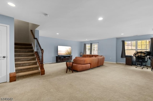 living room with stairs, carpet, baseboards, and recessed lighting