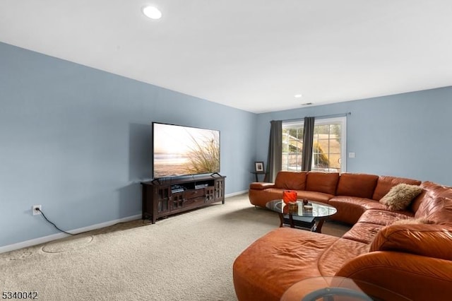 living room with carpet floors, recessed lighting, and baseboards