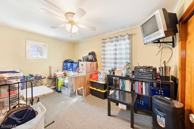 storage area featuring ceiling fan