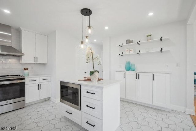 kitchen with built in microwave, light countertops, electric range, and open shelves