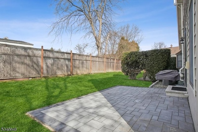 view of yard featuring a patio area and a fenced backyard