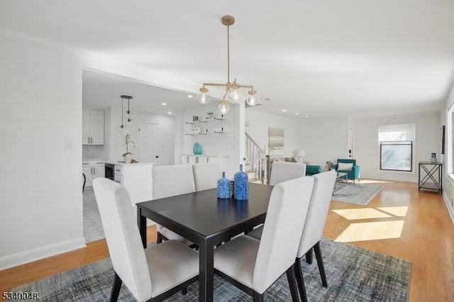 dining room featuring stairs, recessed lighting, light wood-type flooring, and baseboards