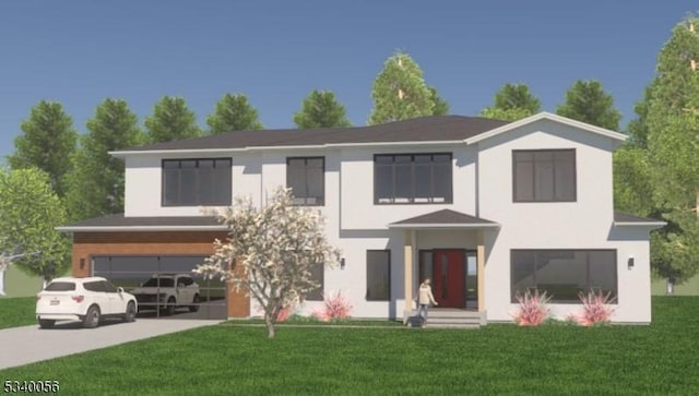 view of front of house featuring an attached garage, driveway, a front lawn, and stucco siding