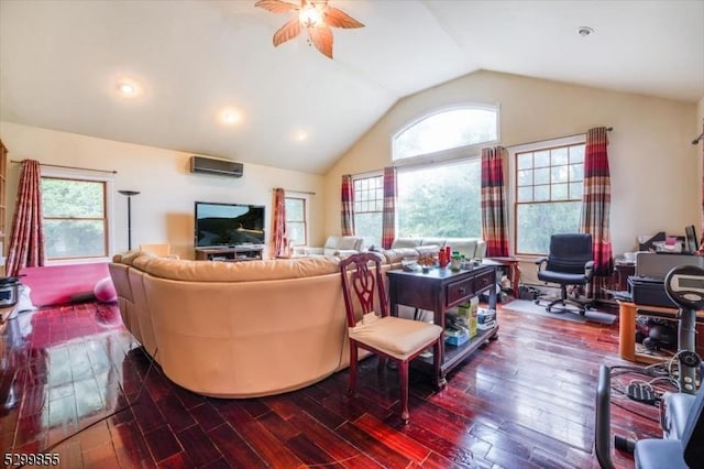 living room featuring a ceiling fan, vaulted ceiling, dark wood-type flooring, and a wall mounted air conditioner