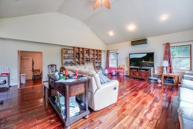 living room with ceiling fan, an AC wall unit, high vaulted ceiling, and wood finished floors