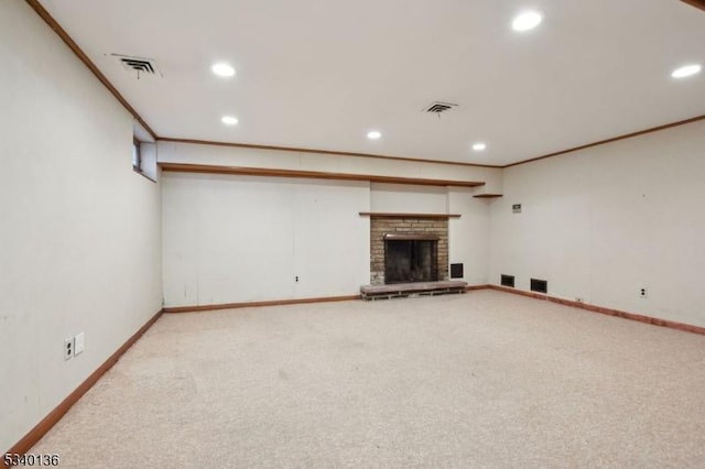 unfurnished living room with recessed lighting, visible vents, and crown molding