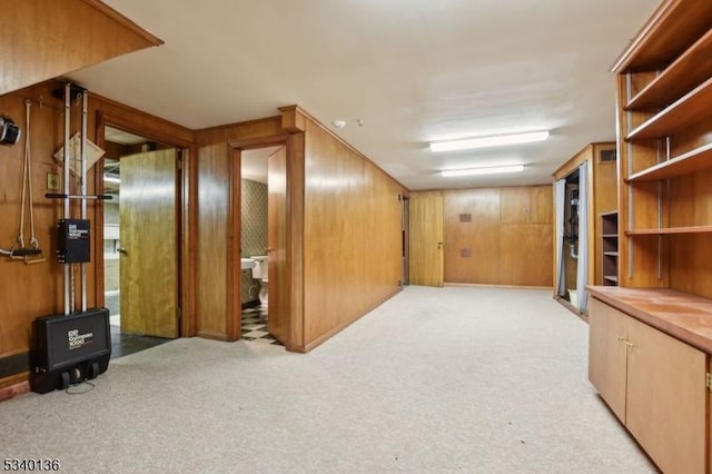 interior space featuring wood walls and light colored carpet