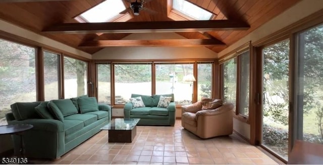 sunroom featuring lofted ceiling with skylight, wooden ceiling, and a ceiling fan