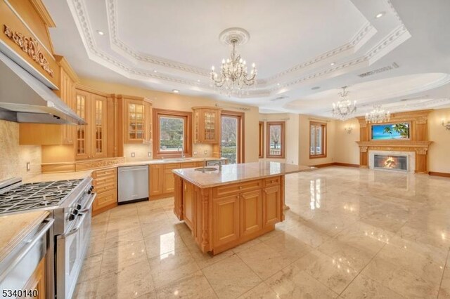 kitchen with a warm lit fireplace, dishwasher, a tray ceiling, gas stove, and an inviting chandelier