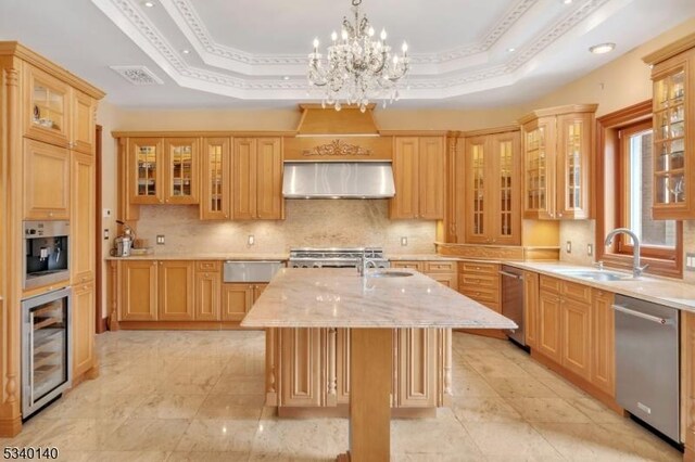 kitchen with a sink, wall chimney exhaust hood, a raised ceiling, and stainless steel appliances