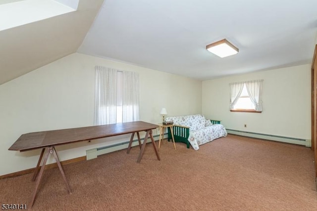 bedroom with a baseboard radiator, carpet, baseboard heating, and vaulted ceiling