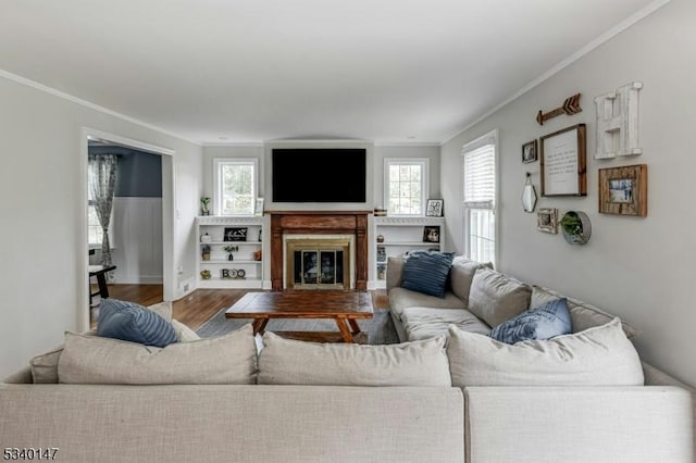 living area featuring ornamental molding, wood finished floors, and a glass covered fireplace