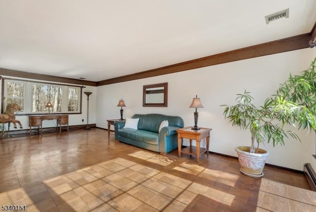 living area featuring ornamental molding, a baseboard radiator, visible vents, and baseboards