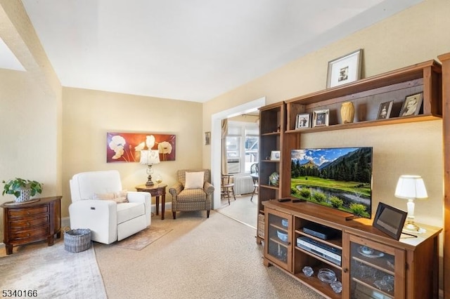 living area with light colored carpet