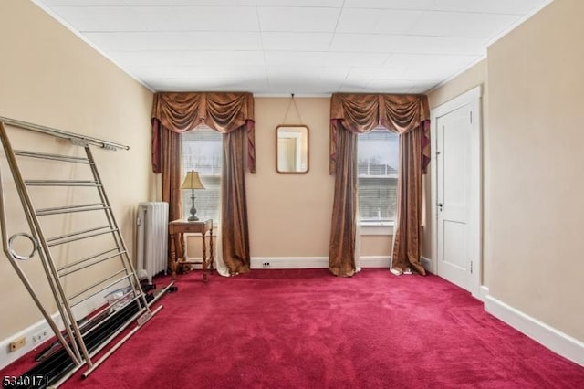 unfurnished room with radiator heating unit, carpet flooring, a wealth of natural light, and baseboards