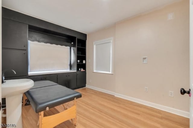 interior space with a sink, baseboards, and wood finished floors