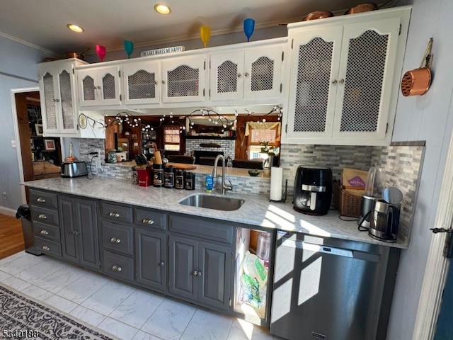 bar with marble finish floor, crown molding, recessed lighting, a sink, and dishwasher