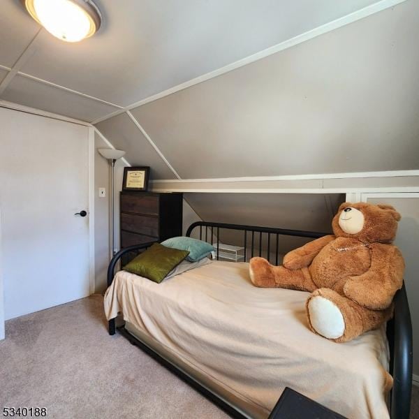 carpeted bedroom with vaulted ceiling