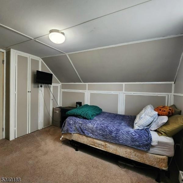 bedroom featuring lofted ceiling and carpet