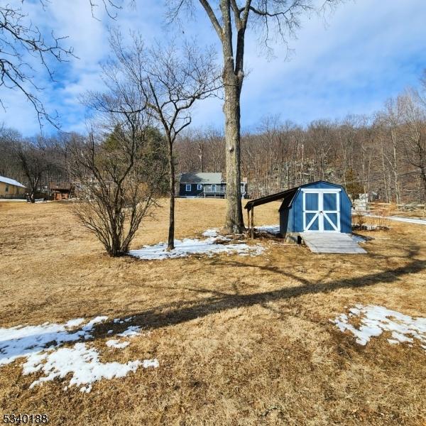 view of yard with an outdoor structure and a shed