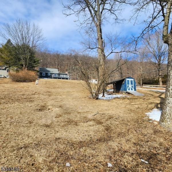 view of yard featuring a storage shed, an outbuilding, and fence