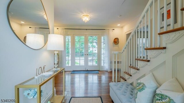 75 Crest Dr, South Orange Village Twp, NJ 07079 - foyer with french doors, stairs, wood finished floors, and crown molding