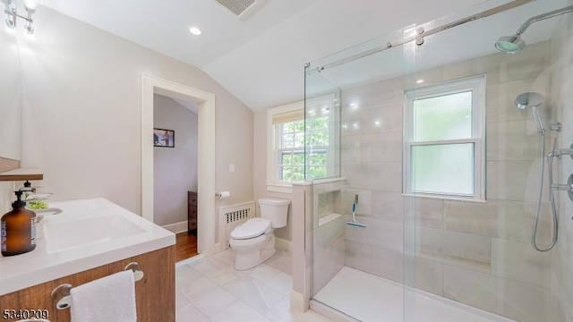 75 Crest Dr, South Orange Village Twp, NJ 07079 - full bathroom featuring vaulted ceiling, a stall shower, toilet, vanity, and recessed lighting