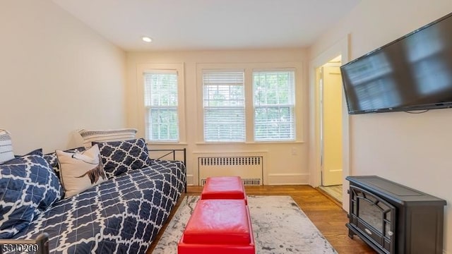 75 Crest Dr, South Orange Village Twp, NJ 07079 - bedroom with radiator heating unit, a wood stove, wood finished floors, and recessed lighting