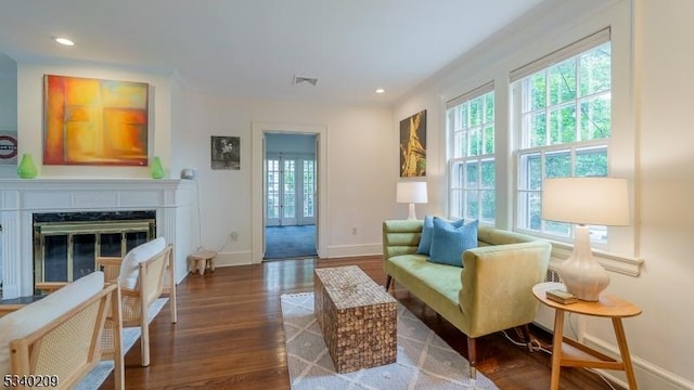 75 Crest Dr, South Orange Village Twp, NJ 07079 - living room with plenty of natural light, baseboards, wood finished floors, recessed lighting, and a glass covered fireplace